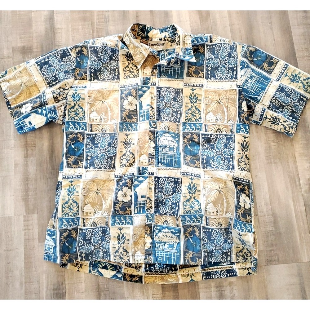 Cooke Street Shirt Mens Large Button Up Hawaiian Aloha Floral Cotton‎ Blue